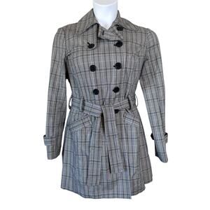 BCX Plaid Trench Coat L Women's Black Gray Metallic Belted Double Breasted Y2K
